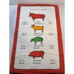 VTG French Tea Towel MCM Cuts of Meat Oddity Kitchen Butcher Calorie Rare Cotton